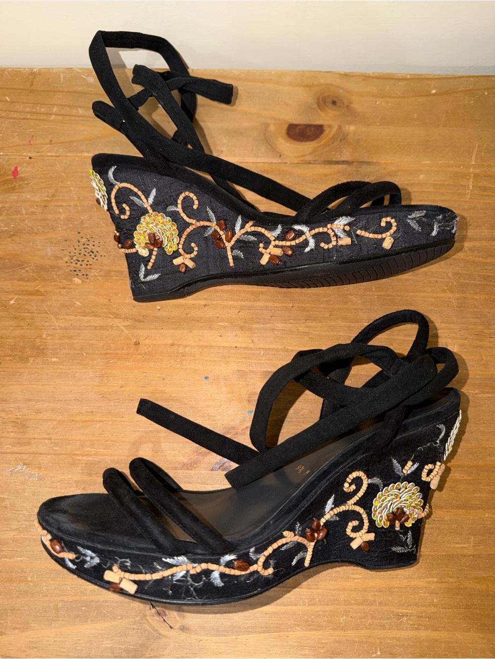 Vintage Rare Stuart Weitzman Florence Embroidered Strappy Wedges - Neiman Marcus